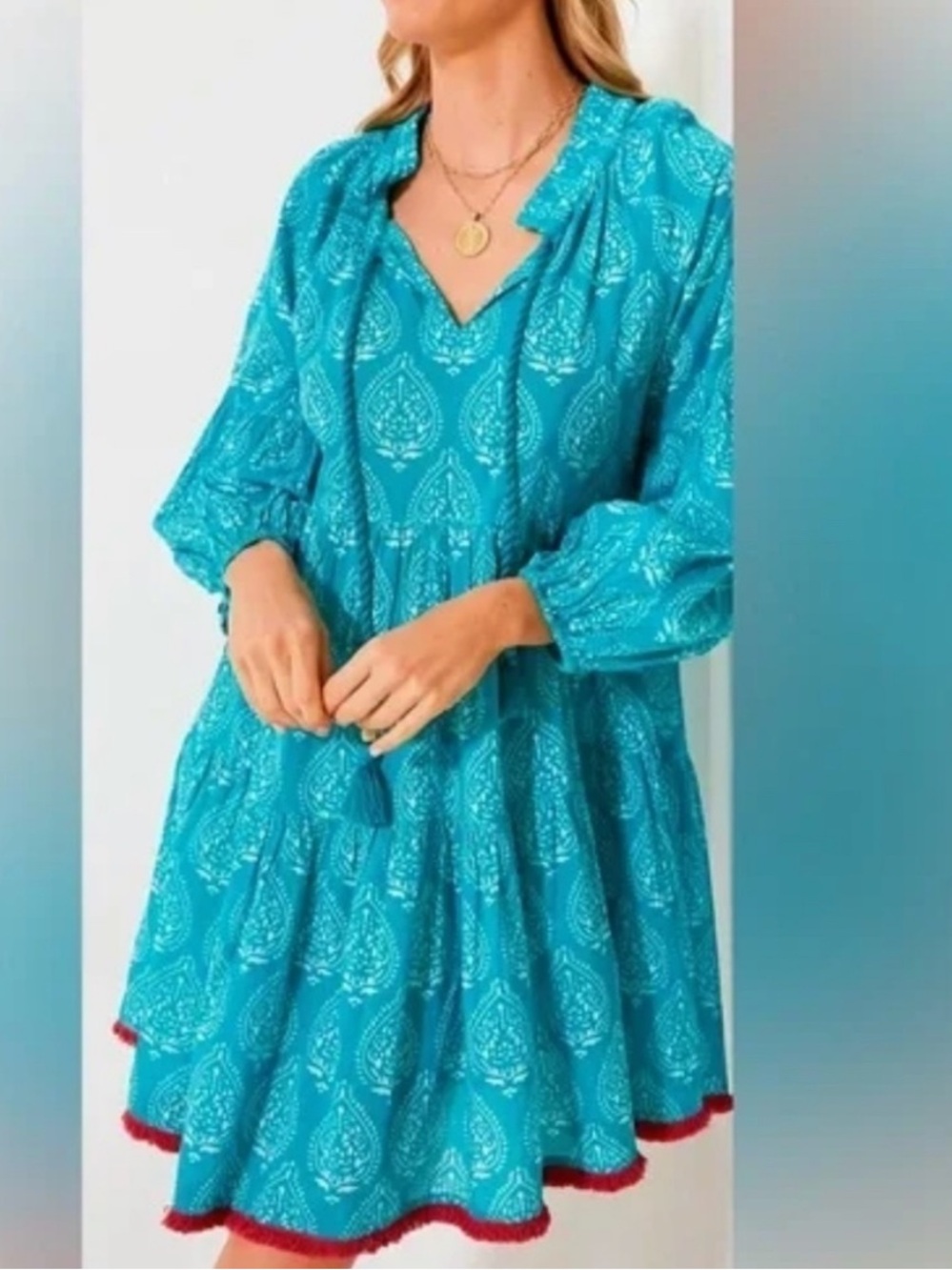 Tuckernuck Teal Paisley Tassel Tiered Dress Size S